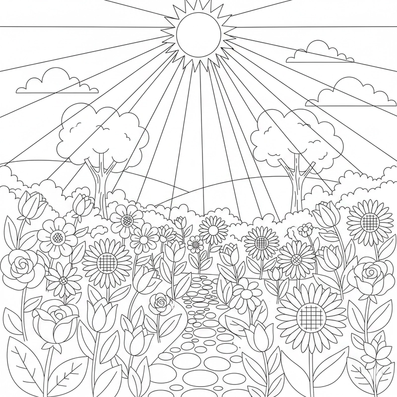 Mẫu vườn hoa xinh xắn cho bé tập tô