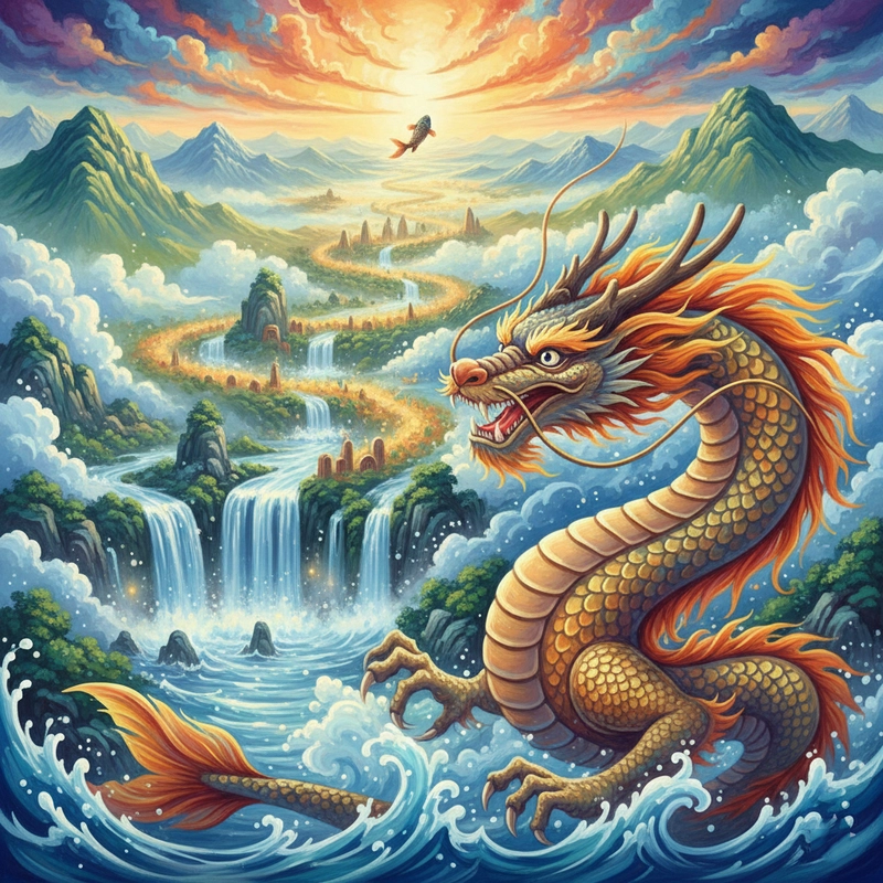 Tranh cá chép hóa rồng mạnh mẽ