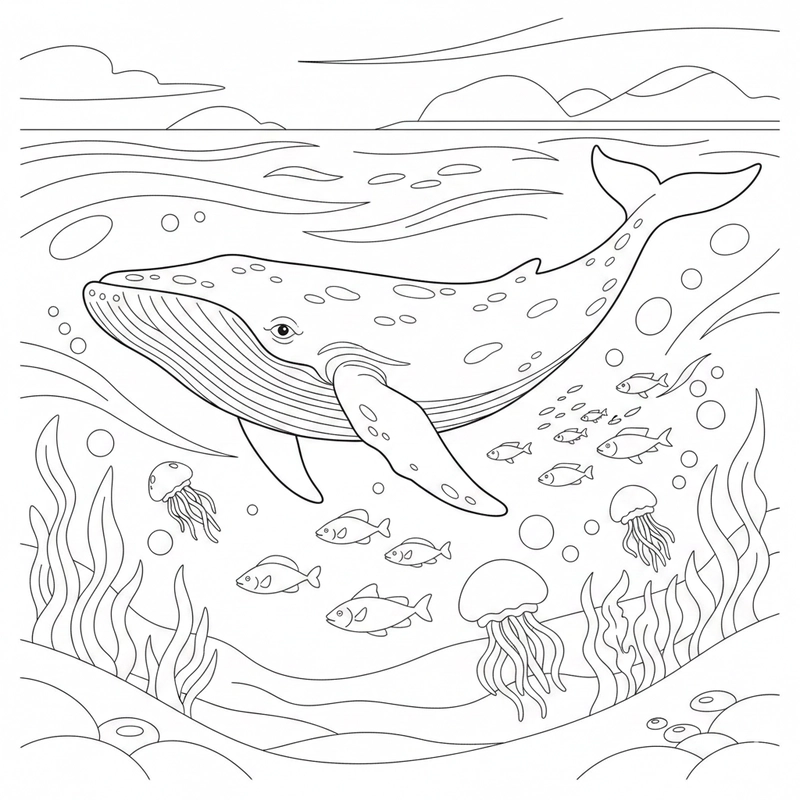 Tranh cá voi xanh tô màu dễ thương