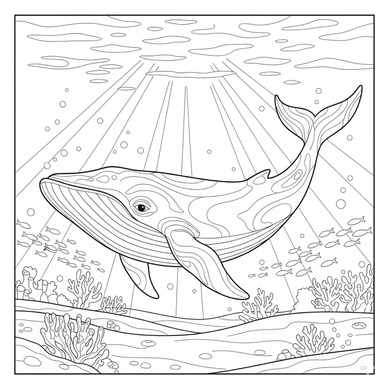 Tranh cá voi xanh với nét vẽ lớn dễ tô