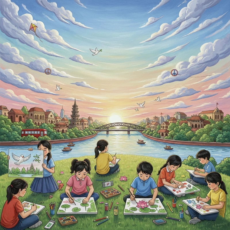 Tranh chủ đề Em yêu Hà Nội thành phố hòa bình