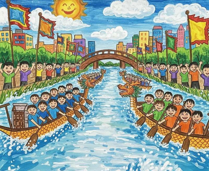 Tranh diễn tả tinh thần đoàn kết trong đua thuyền