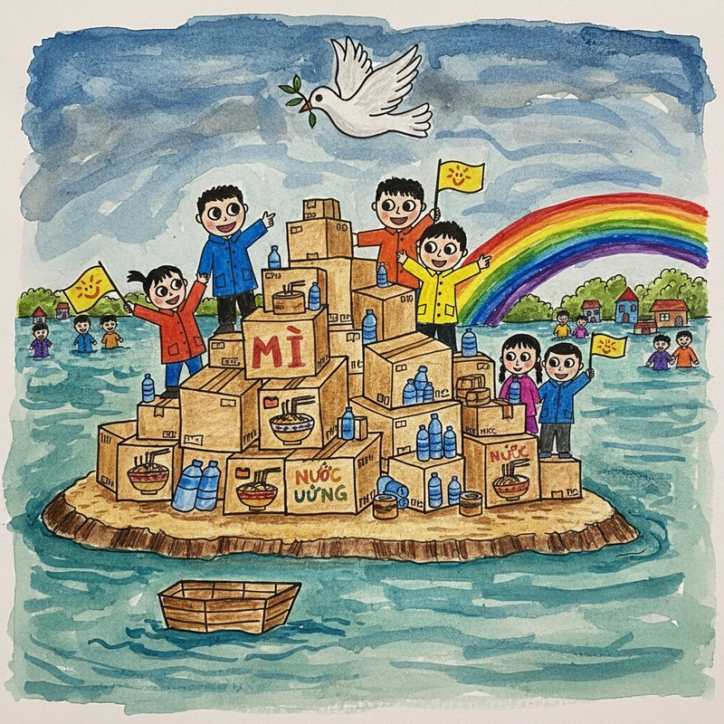 Tranh mô phỏng lũ lụt miền Bắc