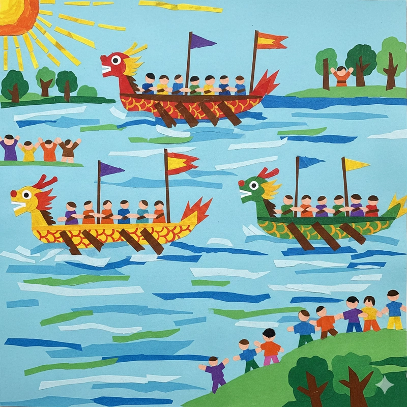 Tranh mô tả hoạt động đua thuyền vui tươi