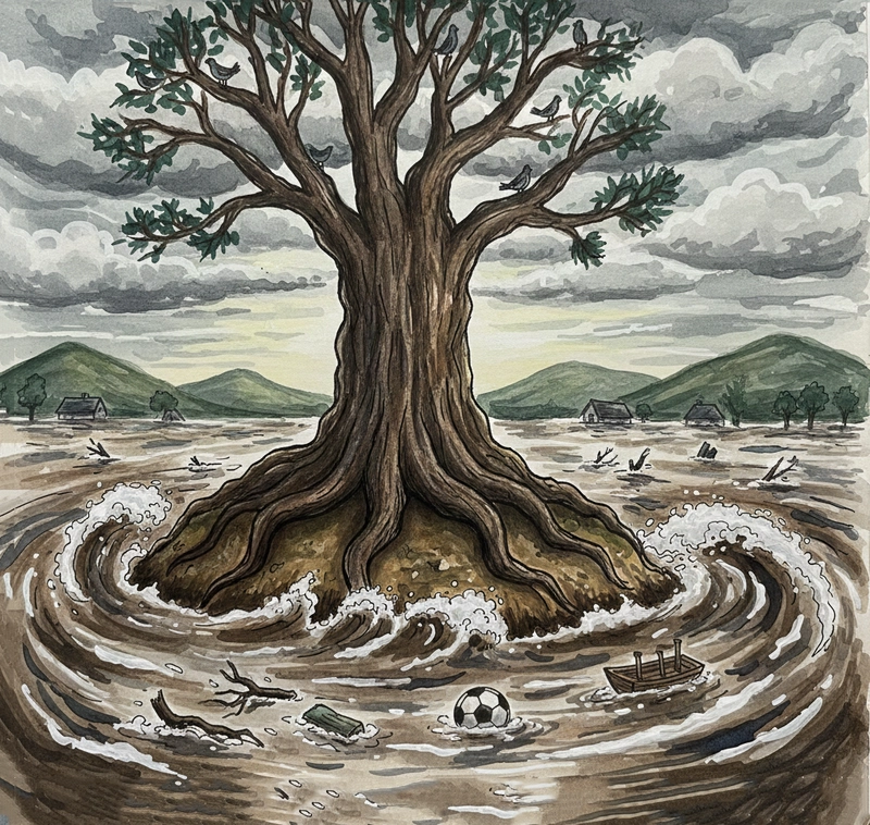 Tranh mô tả thiệt hại do lũ lụt gây ra