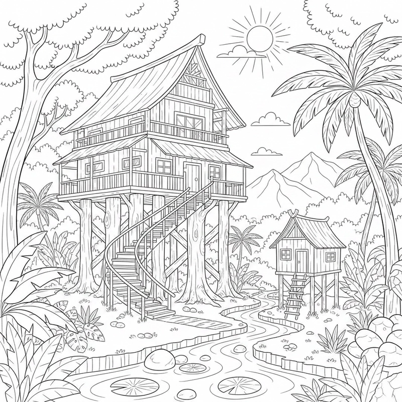 Tranh nhà sàn cho bé tô theo ý thích