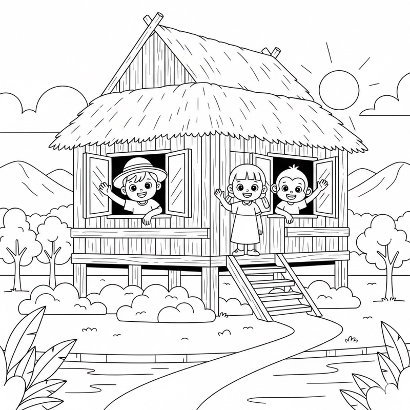 Tranh nhà sàn đẹp cho bé sáng tạo màu