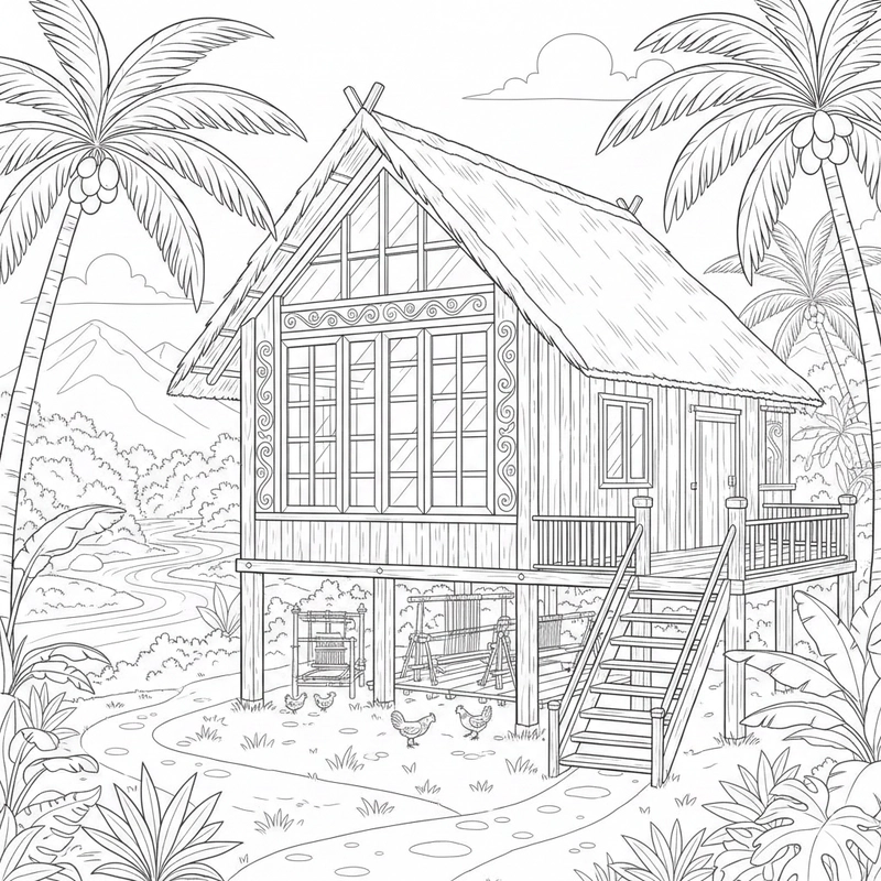 Tranh nhà sàn gợi hình quen thuộc để tô