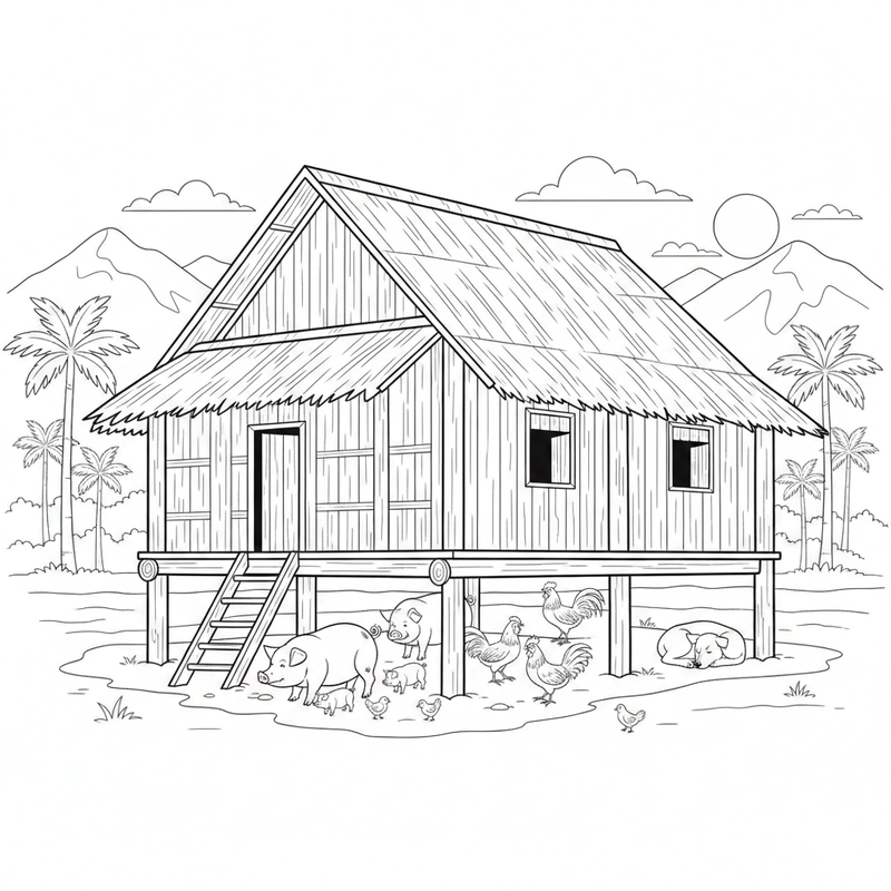 Tranh nhà sàn nhẹ nhàng cho bé luyện nét