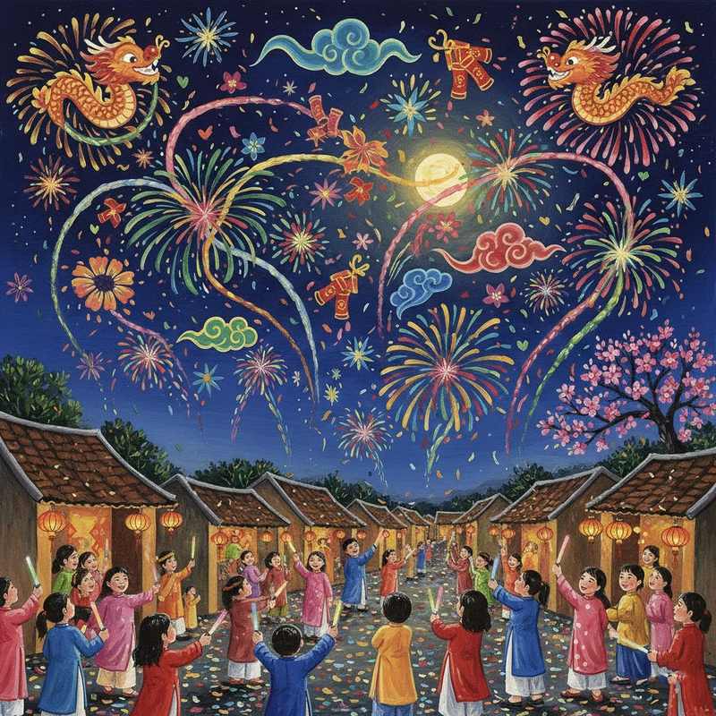 Tranh pháo hoa đêm giao thừa