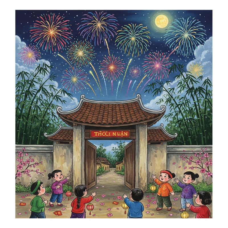 Tranh pháo hoa ngày xuân ấm áp