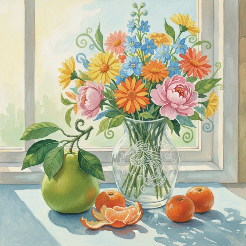 Tranh tĩnh vật lọ hoa và quả đẹp