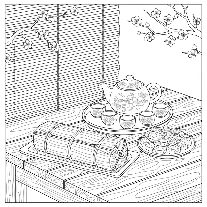 Tranh tô màu bánh chưng không khí xuân