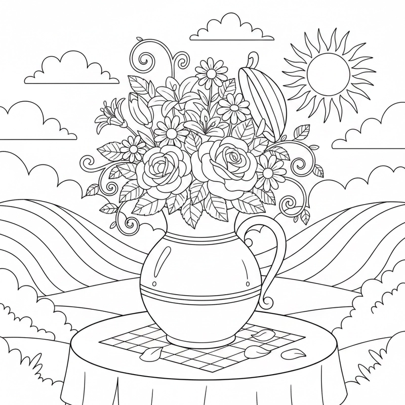 Tranh tô màu bình hoa mang không gian thiên nhiên