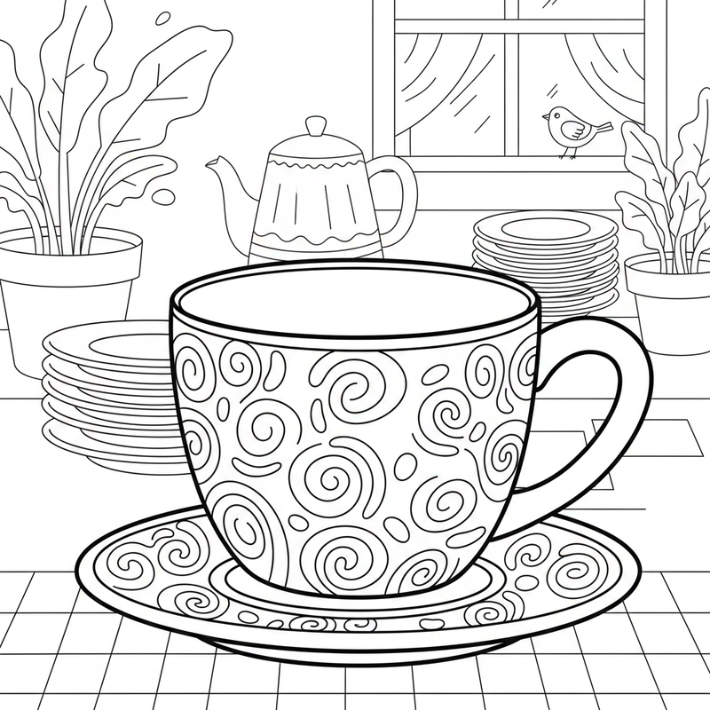 Tranh tô màu cái cốc đường nét mềm mại