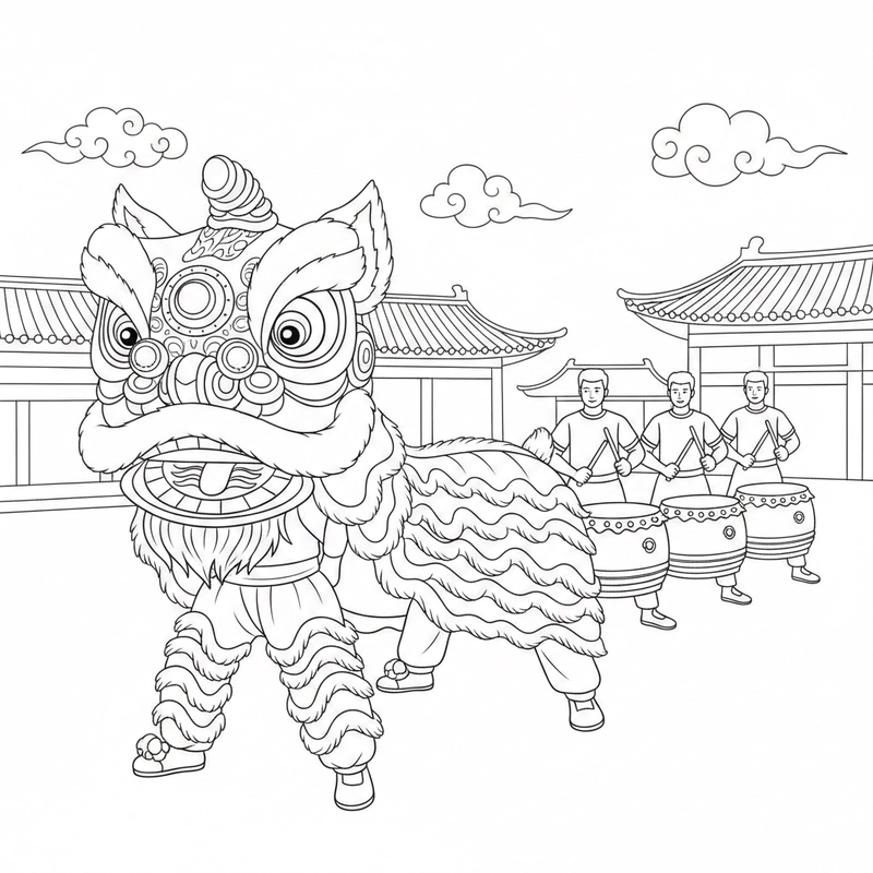 Tranh tô màu chủ đề múa lân lễ hội