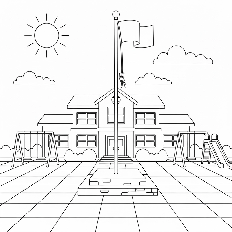 Tranh tô màu chủ đề trường tiểu học gần gũi