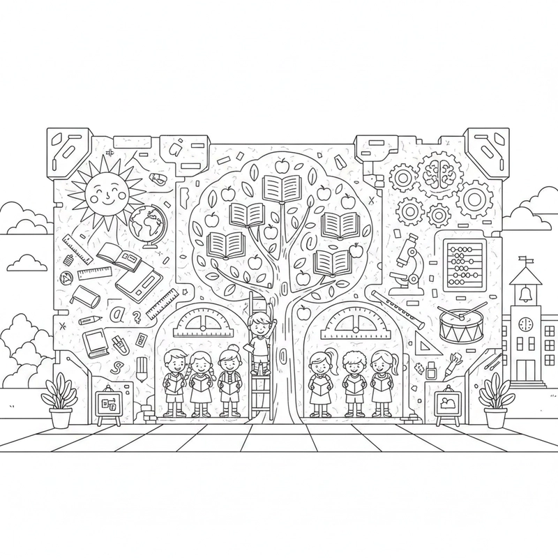 Tranh tô màu chủ đề trường tiểu học