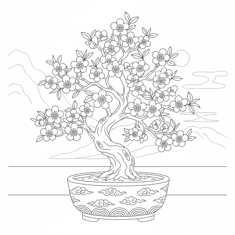 Tranh tô màu hoa đào gợi cảm giác ngày Tết