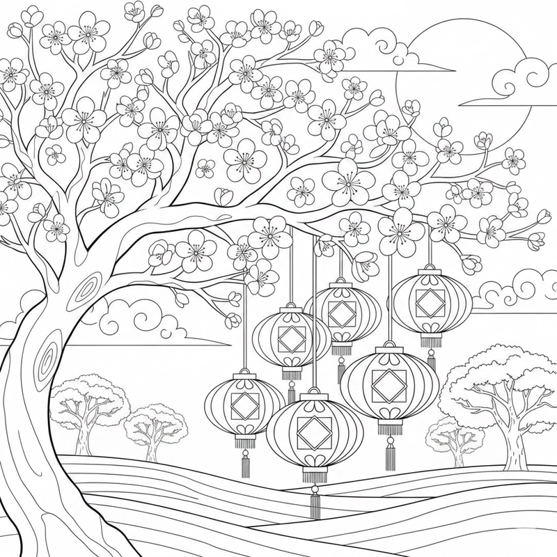 Tranh tô màu hoa đào phù hợp giờ học mỹ thuật