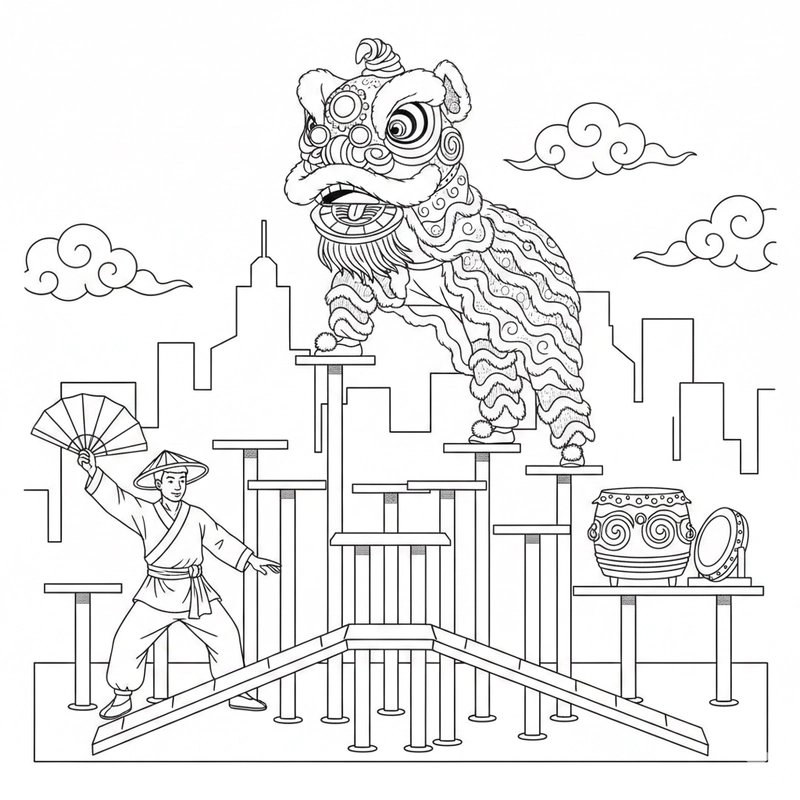 Tranh tô màu múa lân dùng cho sinh hoạt lớp