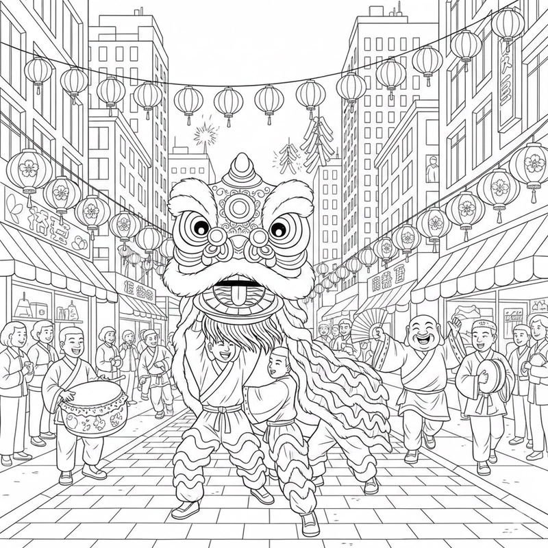 Tranh tô màu múa lân không khí Trung Thu