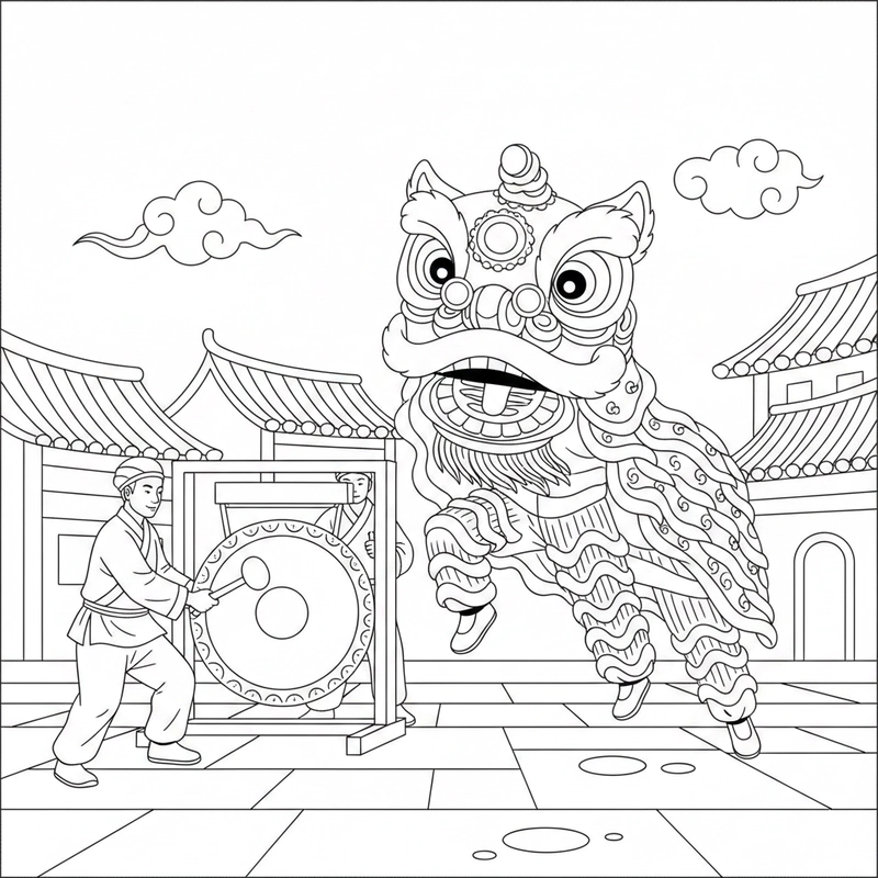 Tranh tô màu múa lân mang nét văn hóa