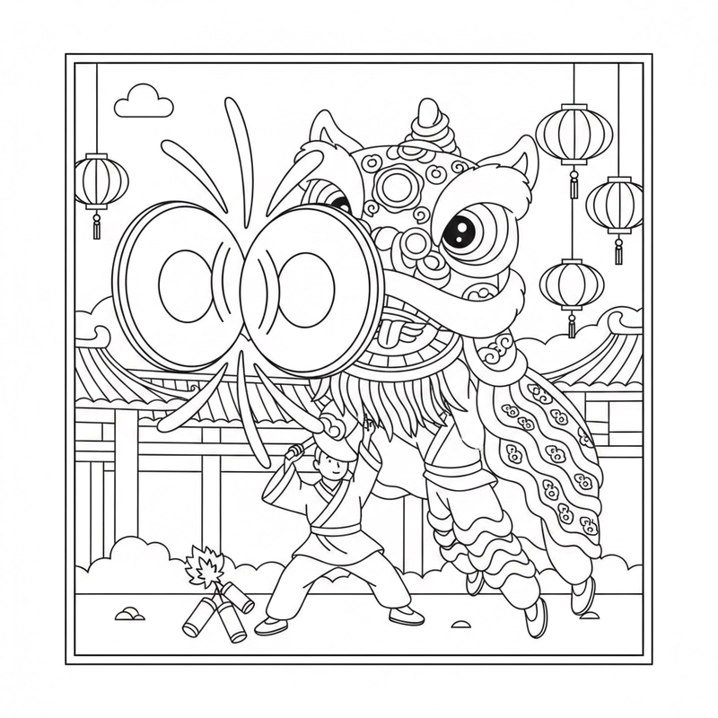 Tranh tô màu múa lân ngày Tết cổ truyền