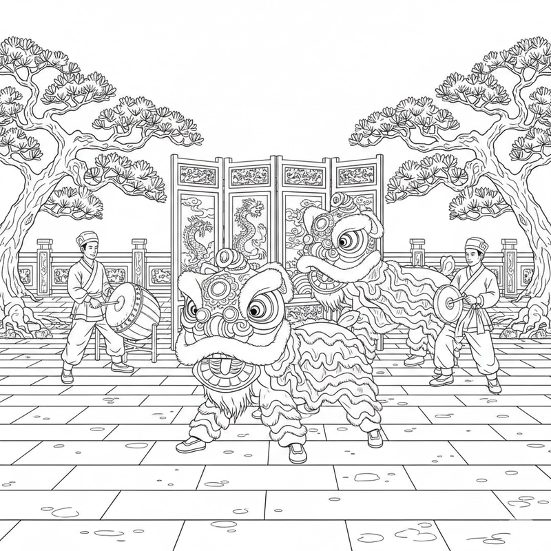 Tranh tô màu múa lân phát triển sáng tạo