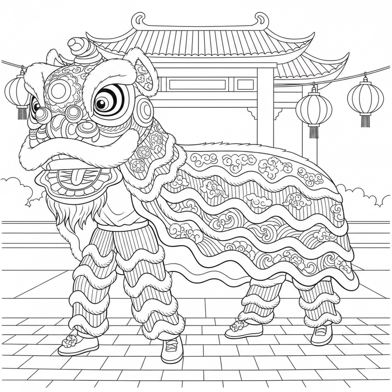 Tranh tô màu múa lân sinh động cho bé