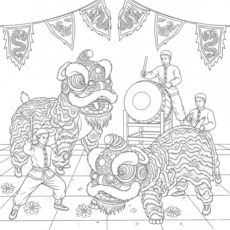 Tranh tô màu múa lân vui nhộn cho bé