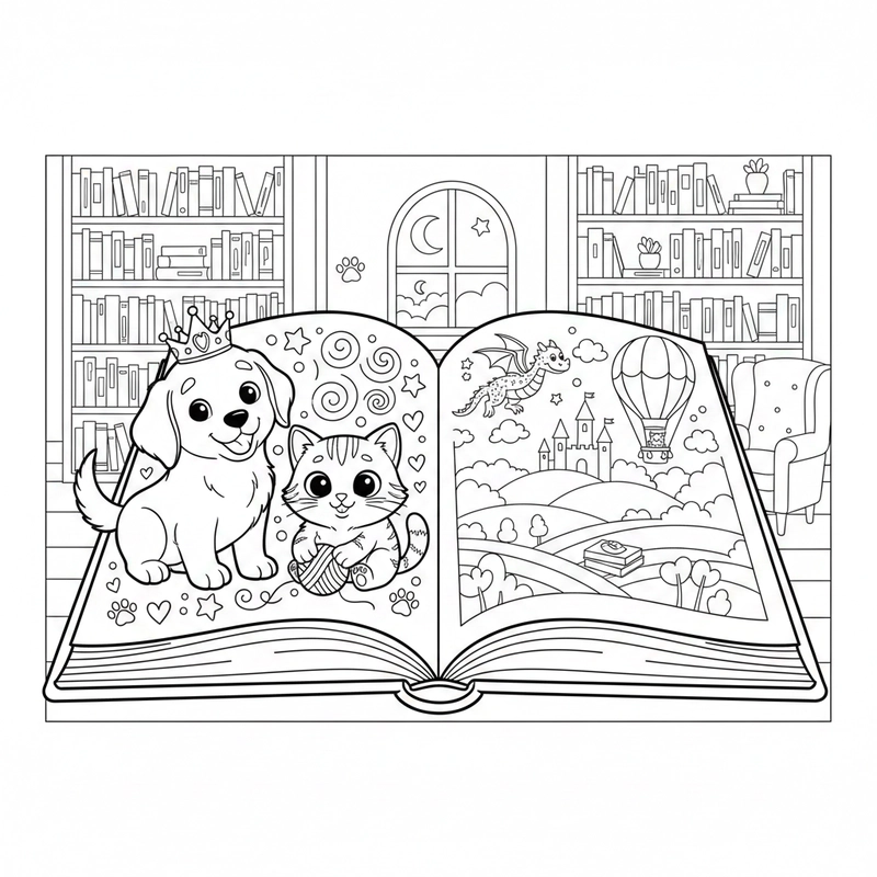 Tranh tô màu quyển sách đáng yêu, dễ tô