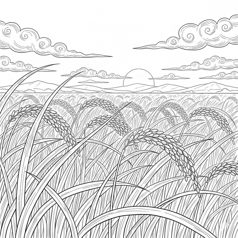 Tranh tô màu ruộng lúa đơn giản và đẹp