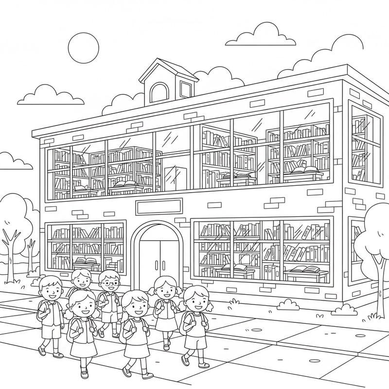 Tranh tô màu trường tiểu học phong cách đơn giản