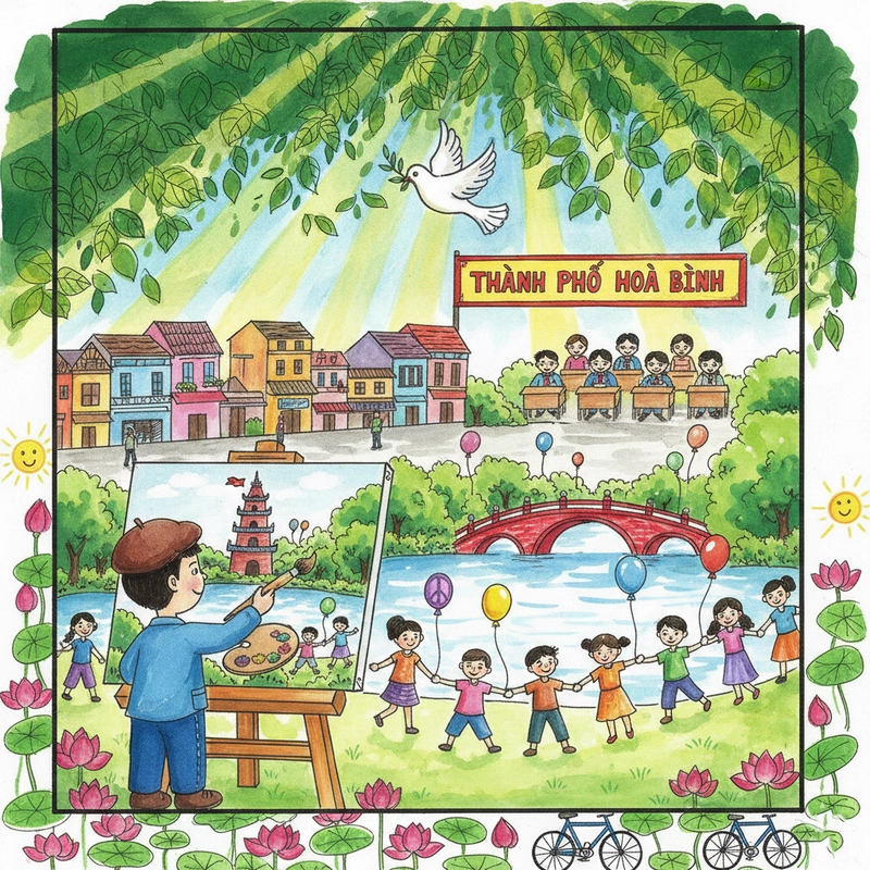 Tranh vẽ Em yêu Hà Nội thành phố hòa bình tươi vui