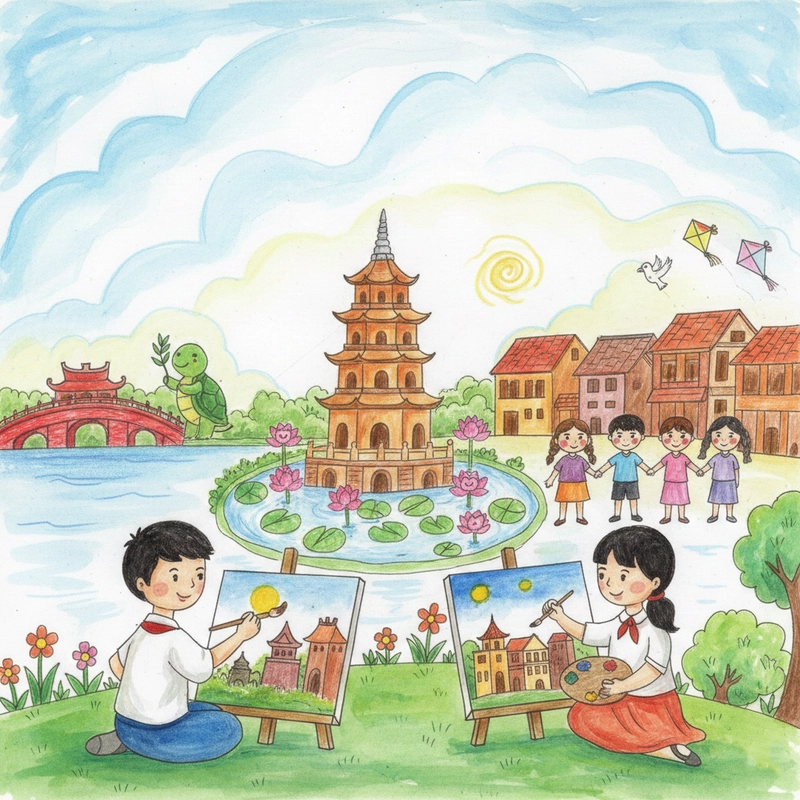 Tranh vẽ Em yêu Hà Nội thành phố vì hòa bình ý nghĩa