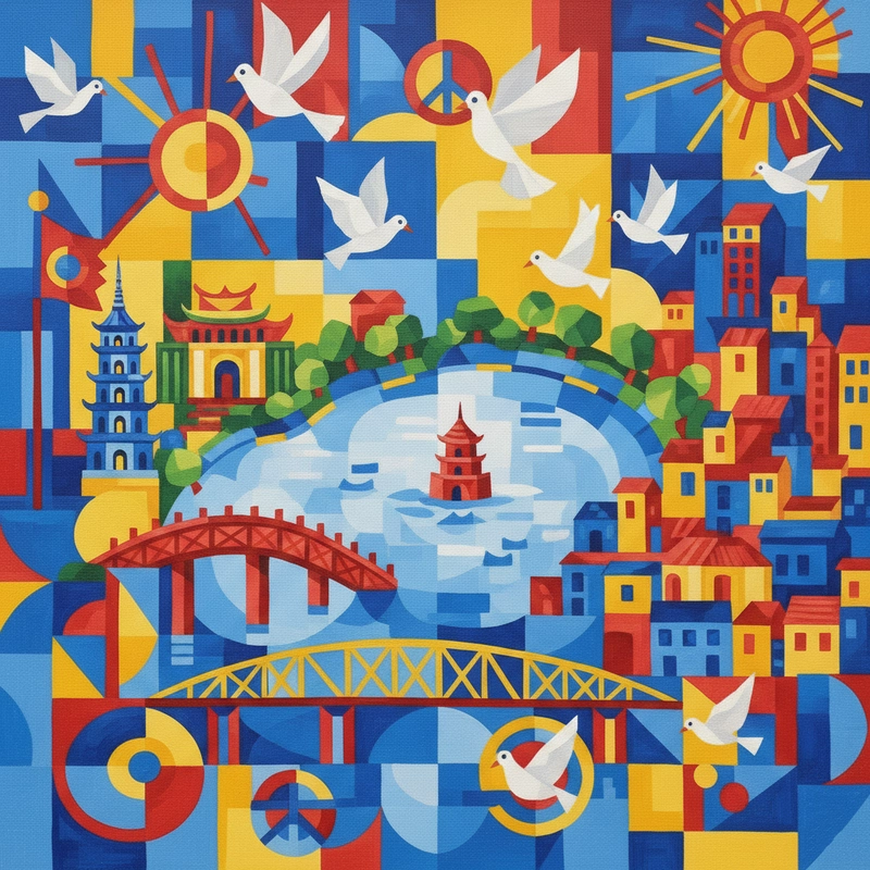 Tranh vẽ Hà Nội thành phố vì hòa bình tươi sáng