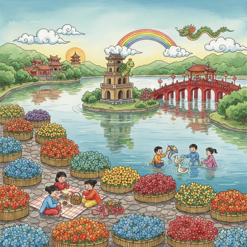 Tranh vẽ Hồ Gươm chưa tô màu để luyện vẽ