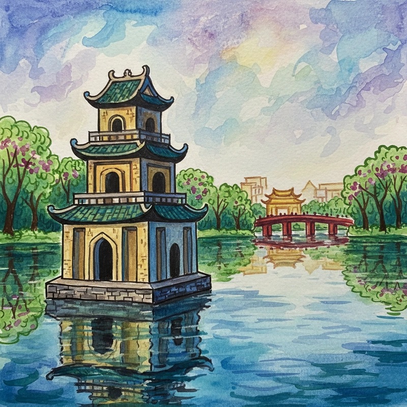 Tranh vẽ Hồ Gươm đẹp dùng cho trang trí lớp học