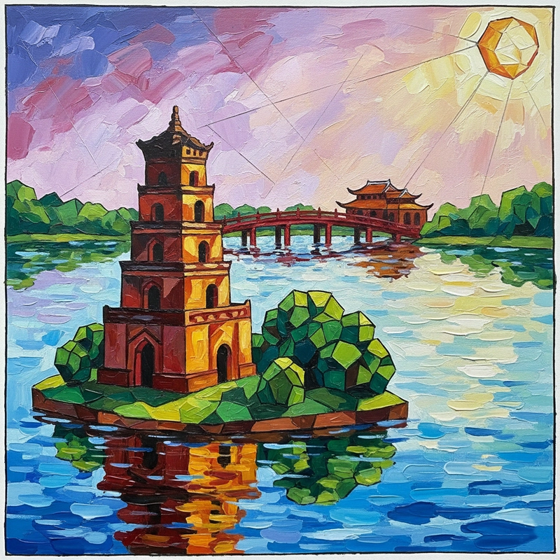 Tranh vẽ Hồ Gươm đẹp với màu sắc tươi sáng