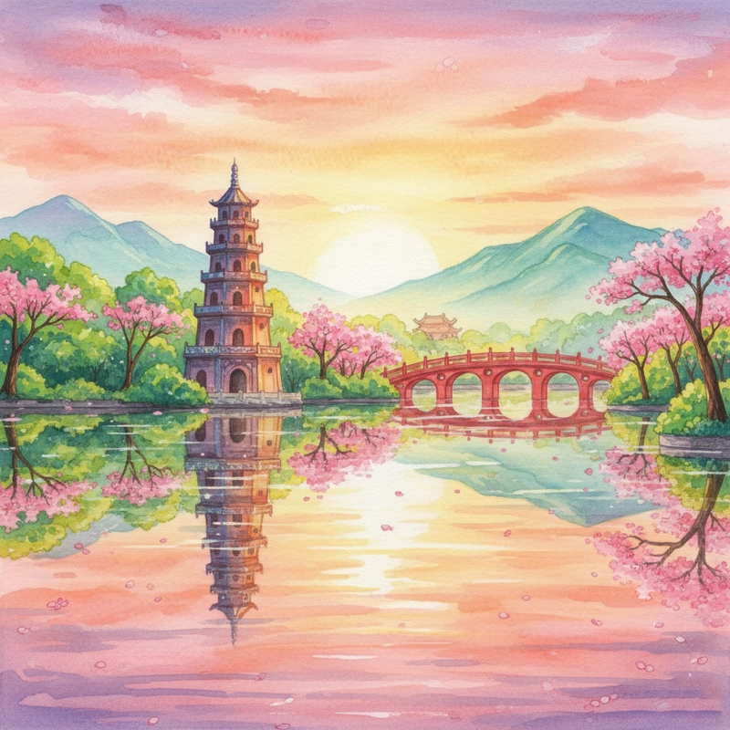 Tranh vẽ Hồ Gươm đơn giản dành cho học sinh