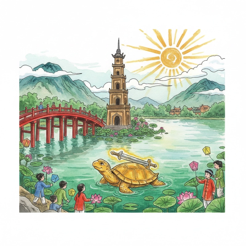 Tranh vẽ Hồ Gươm đơn giản mà đẹp