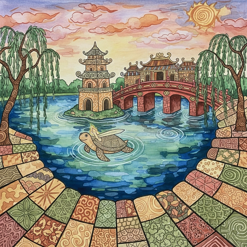 Tranh vẽ Hồ Gươm kết hợp Tháp Rùa và cảnh ven hồ