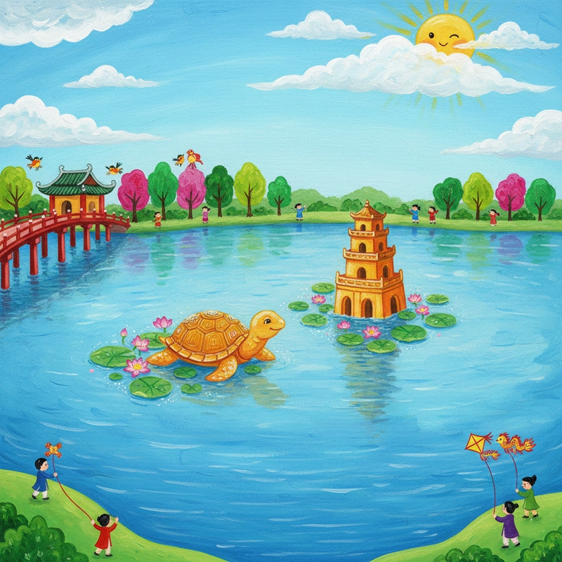 Tranh vẽ Hồ Gươm lớp 3 theo phong cách đơn giản