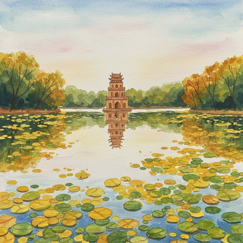 Tranh vẽ Hồ Gươm lớp 4 thể hiện cảnh vật quen thuộc