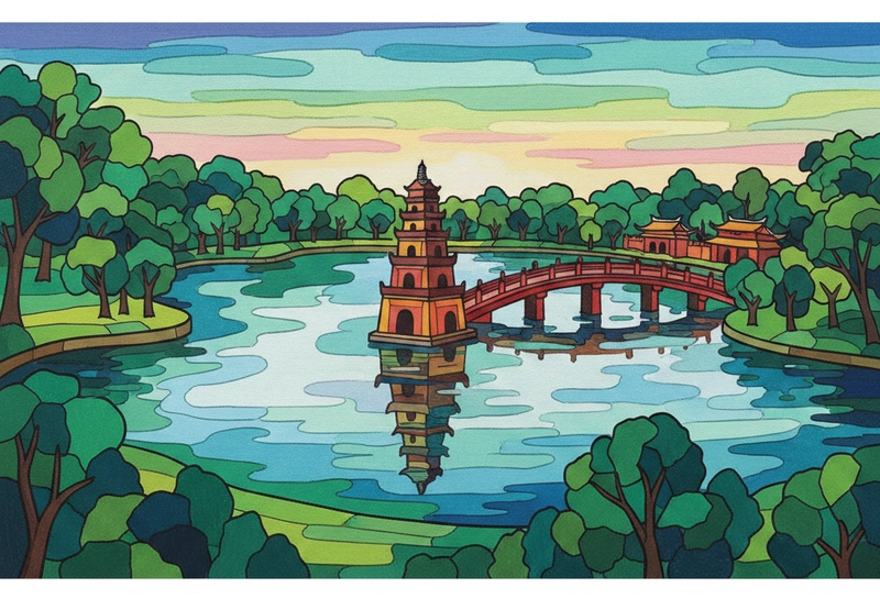 Tranh vẽ Hồ Gươm phác thảo đơn giản