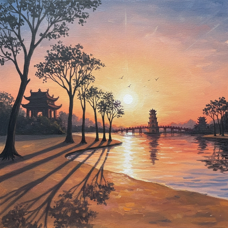 Tranh vẽ Hồ Gươm phong cảnh hài hòa và sinh động