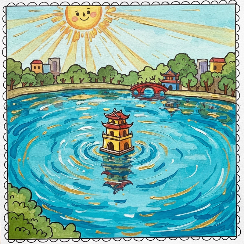 Tranh vẽ Tháp Rùa Hồ Gươm nổi bật giữa hồ