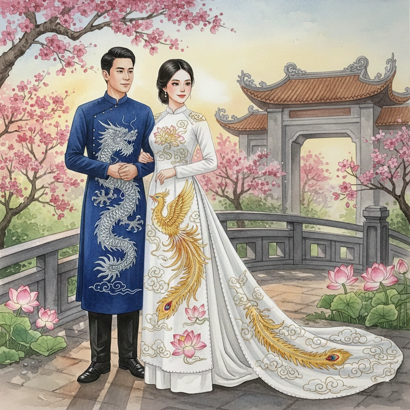 Tranh vẽ áo dài nam nữ mang nét hiện đại