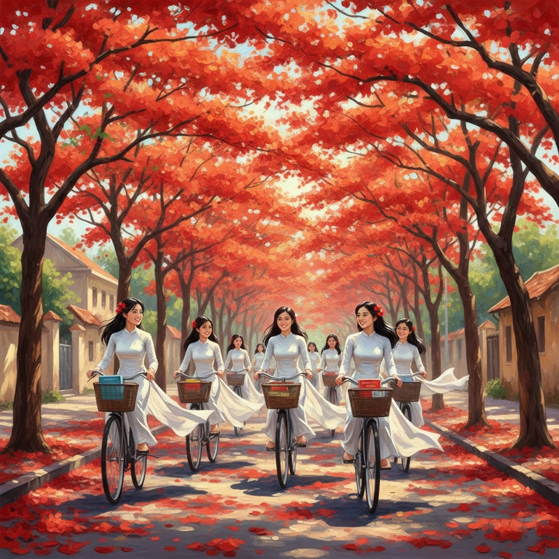 Tranh vẽ áo dài trắng hài hòa